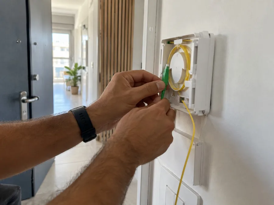 ידיים מחברות כבל סיב אופטי דק עם מחבר ירוק לקופסת סיב לבנה על קיר לבן