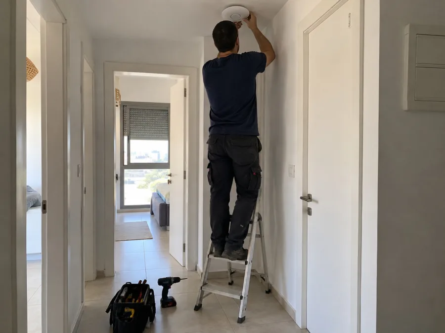 טכנאי על סולם קטן, מגבו, מתקין נקודת גישה אלחוטית לבנה ועגולה בתקרה של מסדרון בית מואר